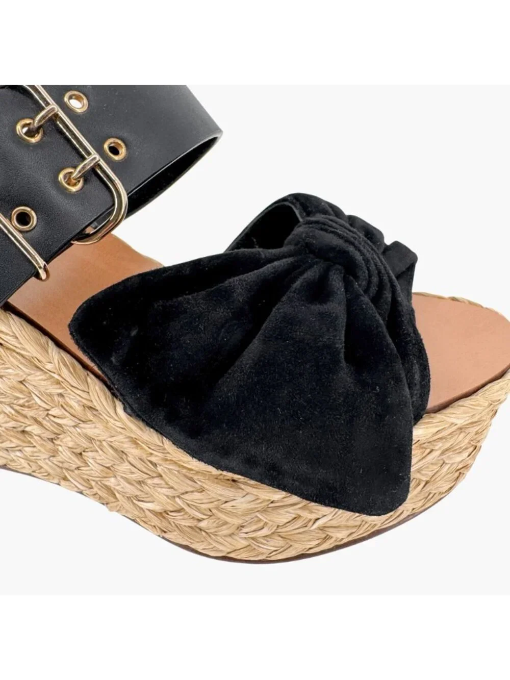 Valentino Black Suede Bow Braided Raffia Espadrille Wedge Sandals Size 38 US 8